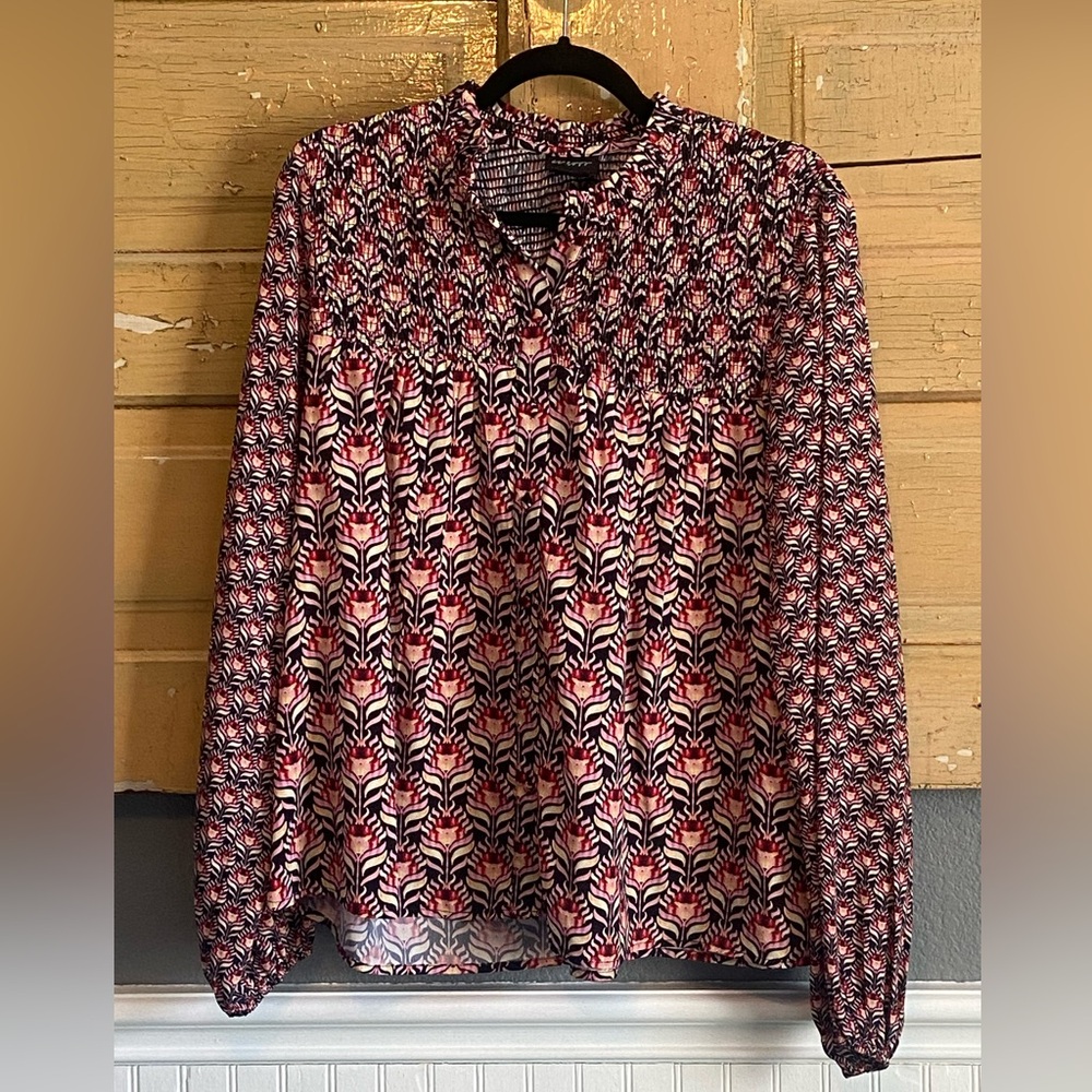 Anthropologie Smocked Printed Button-Down